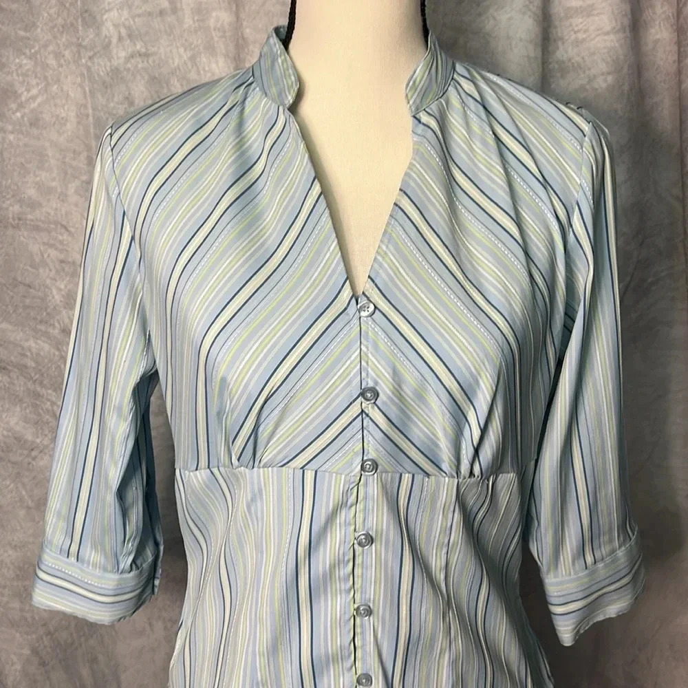DCC Missy Green, Blue, Sage and White Striped Button Down 3/4 Sleeve Blouse - Picture 2 of 10